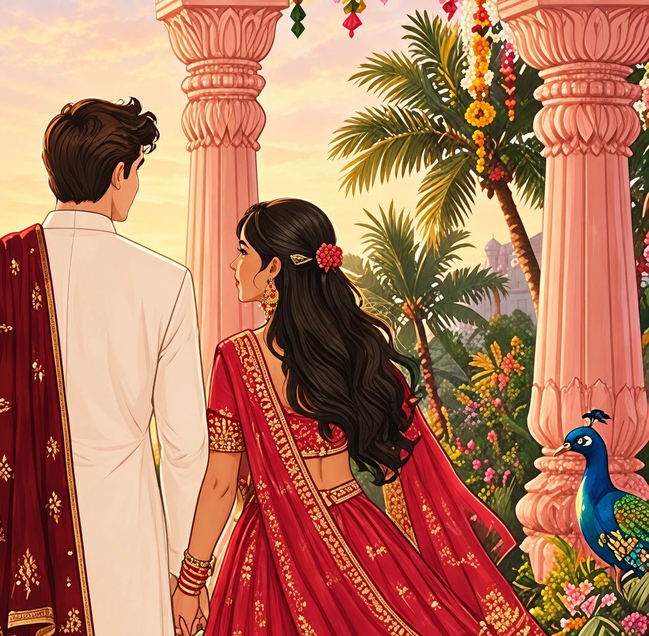 Illustration of Vittorio and Anushri in Indian wedding outfits